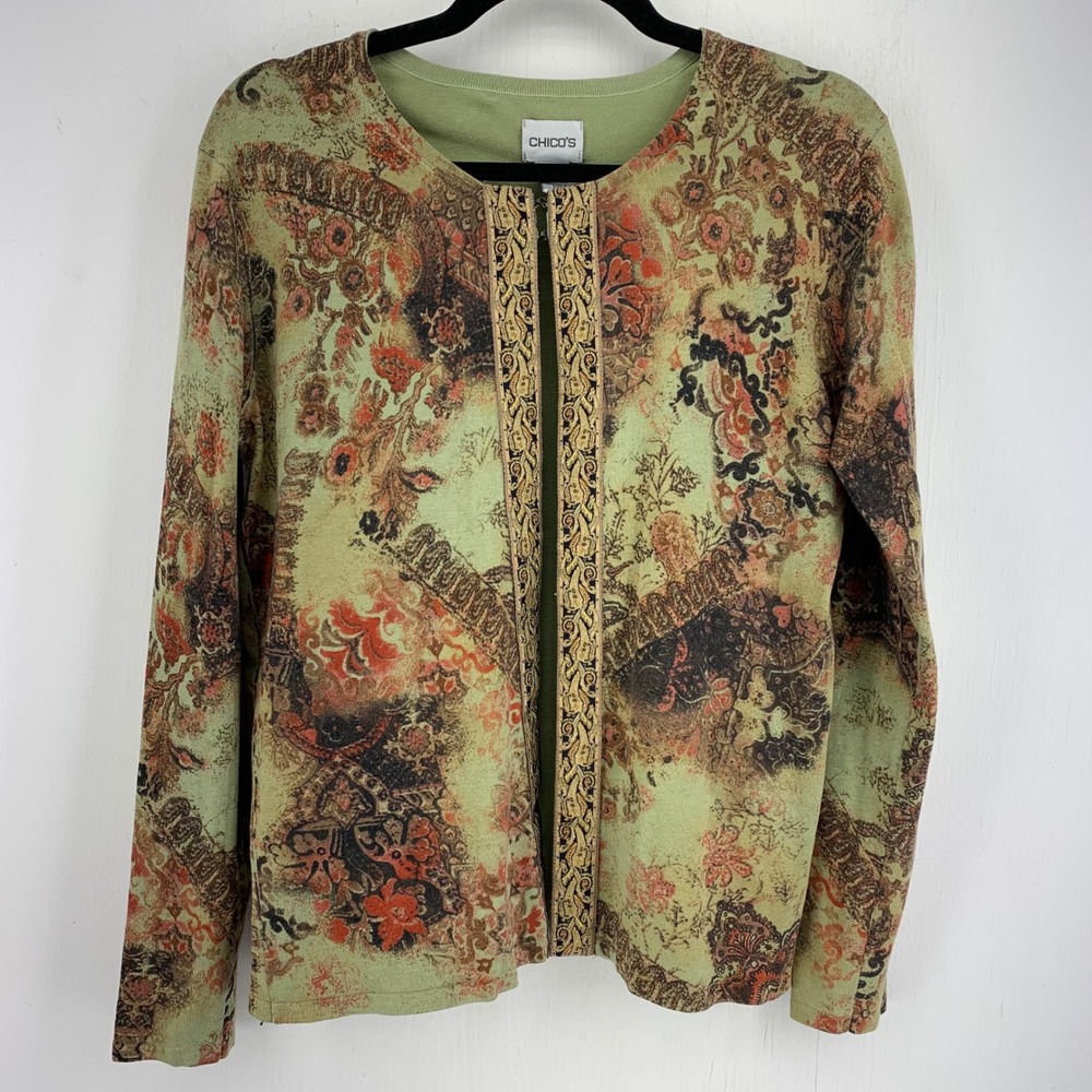 Chicos Paisley Open Front Cardigan Whimsigoth Earthy Artsy Boho Small Silk Blend